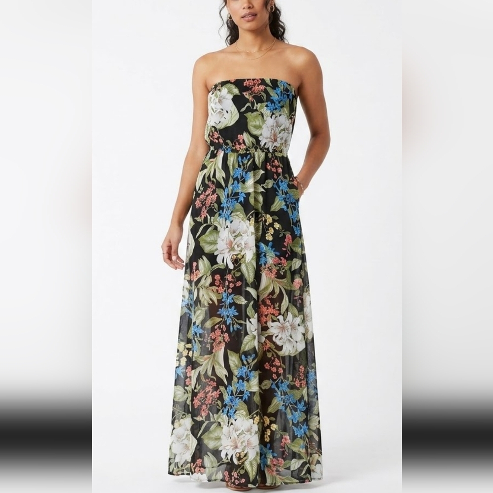 Bobeau Floral Strapless Maxi Dress XL Black Blue